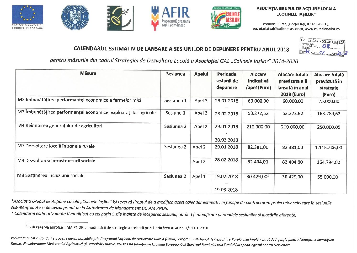 Calendarul estimativ pentru anul 2018